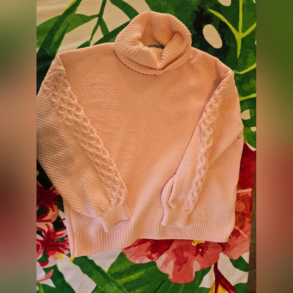 Penmans light pink knitted turtleneck cable-knit detailing along the sleeves